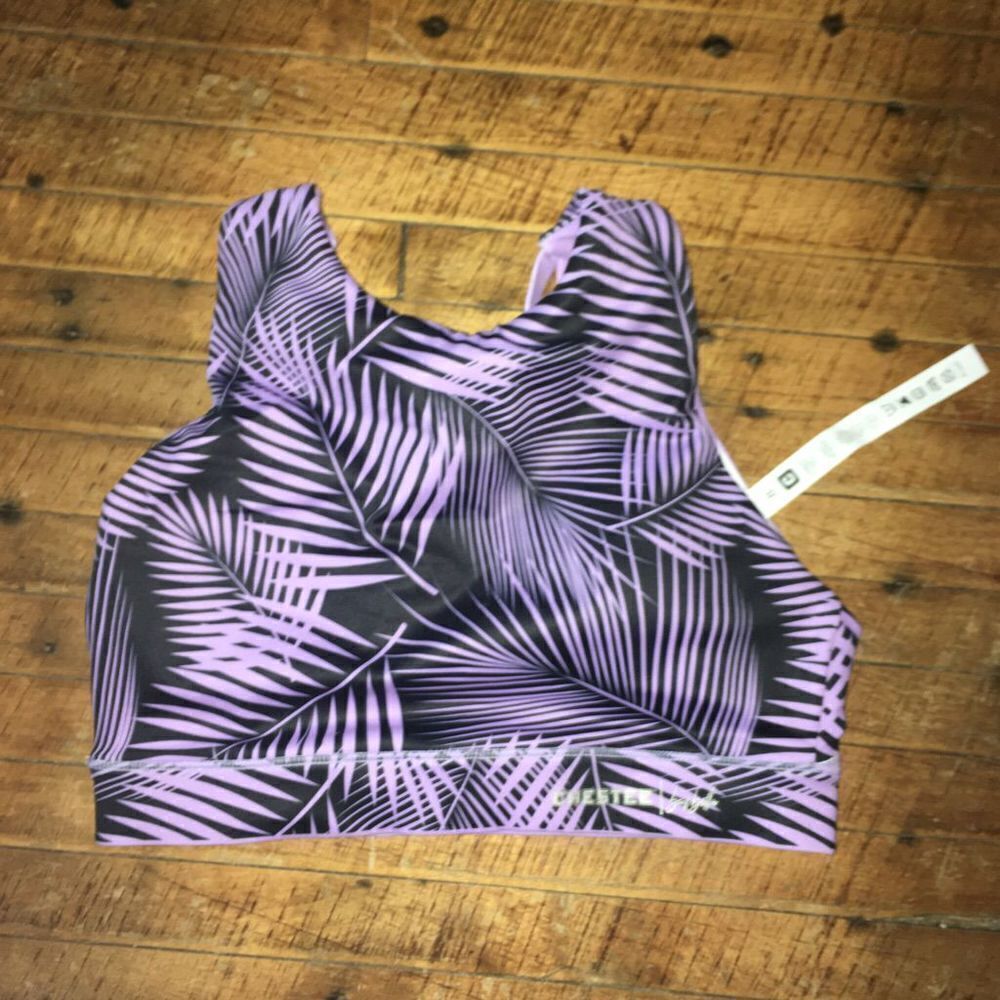 Cheestie Barbell purple palm tree high neck reversible size 8 workout bra